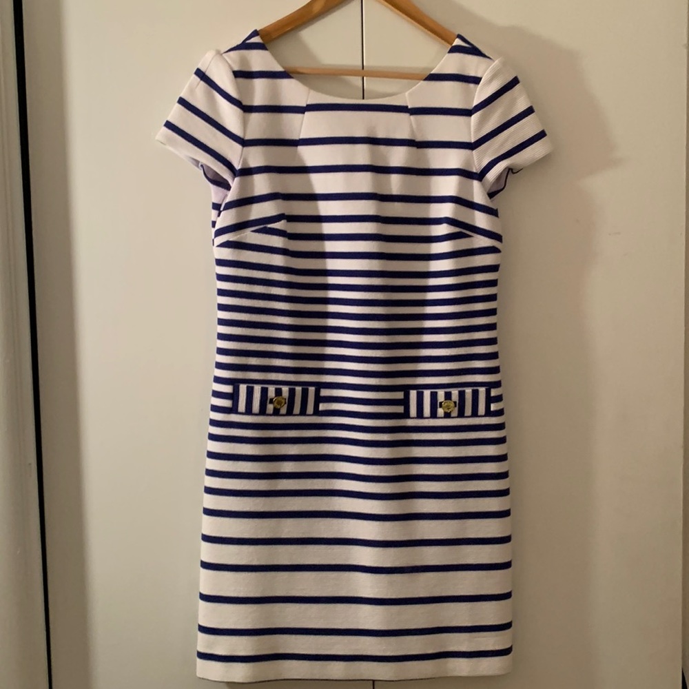 Lilly Pulitzer Blue and White Stripped Shift Dress with Gold Buttons